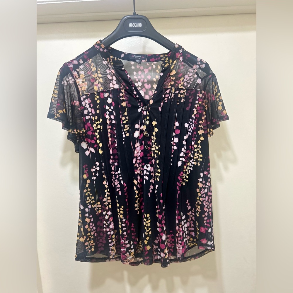 Cocomo Womens Blouse Petite Medium Floral Pleated Short Sleeve Top Sheer Boho